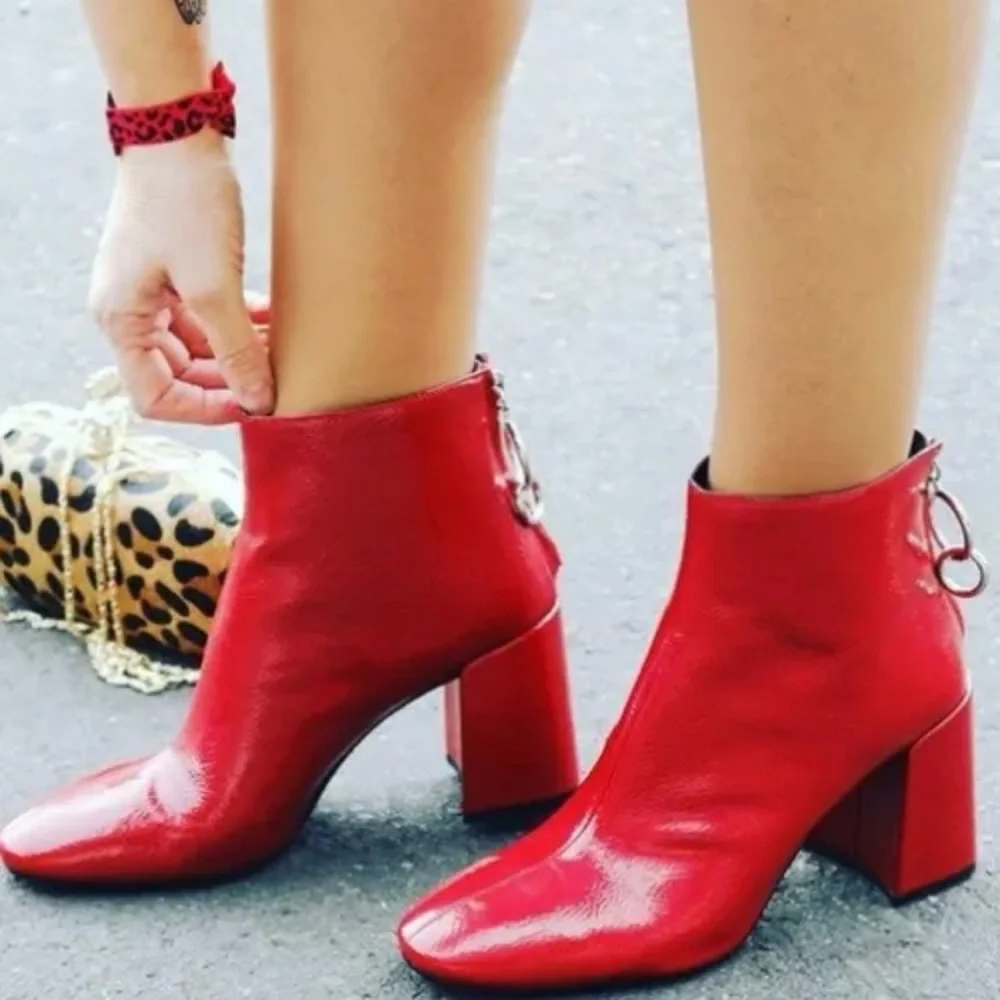 Zara Bloggers Favorite Retro Red Crinkled Patent Leather Block Heel Ankle Boots